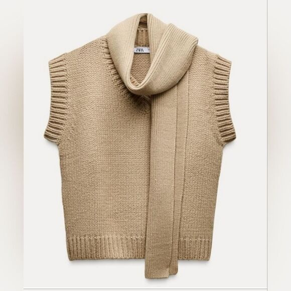 NWT ZARA TAN KNIT VEST WITH SCARF Size M - Picture 1 of 7